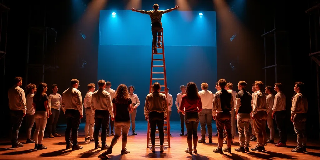 a group of people standing on a stage together in front of a stage set with a man on a ladder, Arace