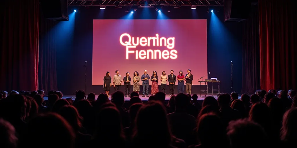 a group of people standing on a stage with a plaque in front of them and a crowd of people behind th