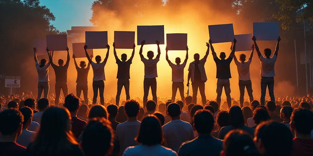 a group of people standing on a stage holding up signs and a microphone in front of them with a crow