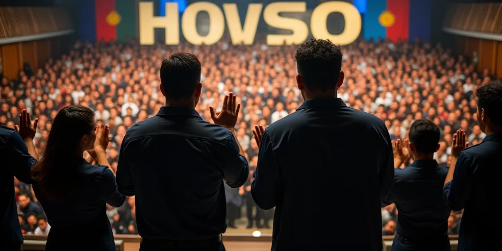 a group of people standing on a stage clapping hands in front of a crowd of people in uniform and in