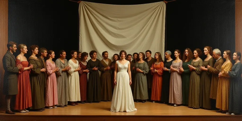 a group of people standing on a stage with a banner behind them and a woman in a dress standing on t
