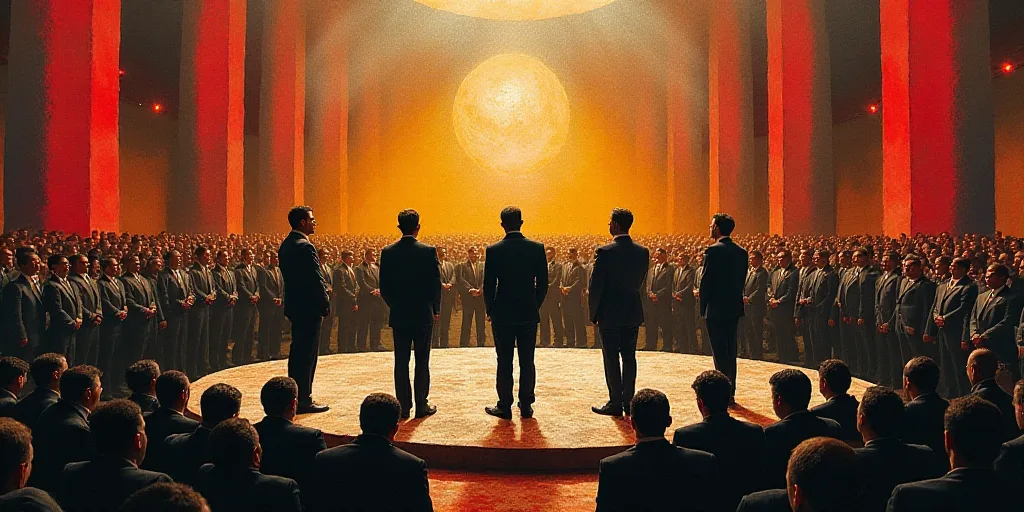 a group of people standing on a stage in front of a crowd of people in suits and ties,, David Alfaro