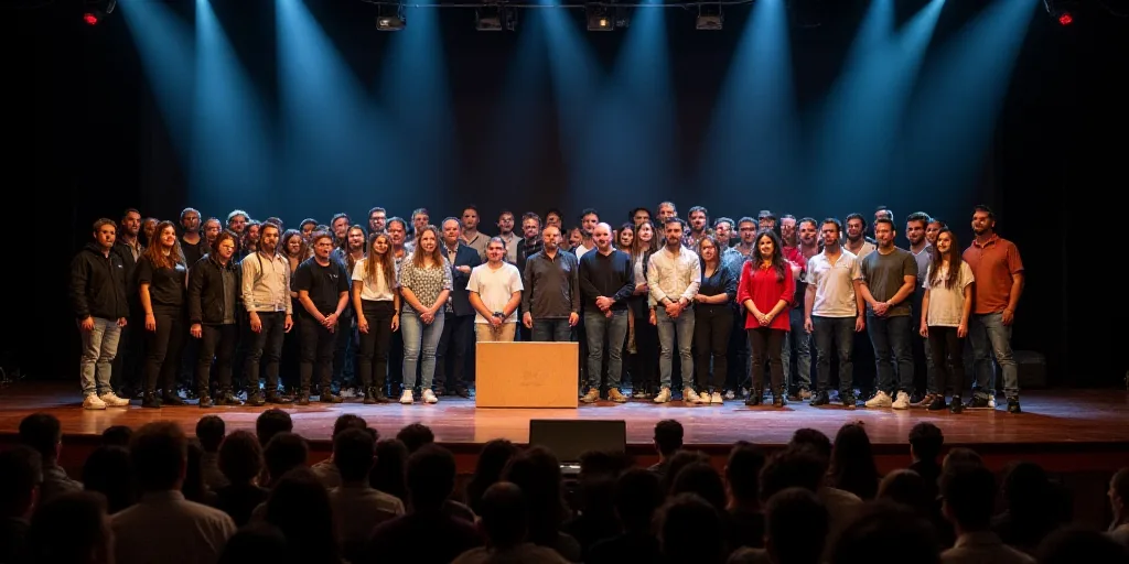 a group of people standing on a stage with a plaque in front of them and a crowd of people behind th