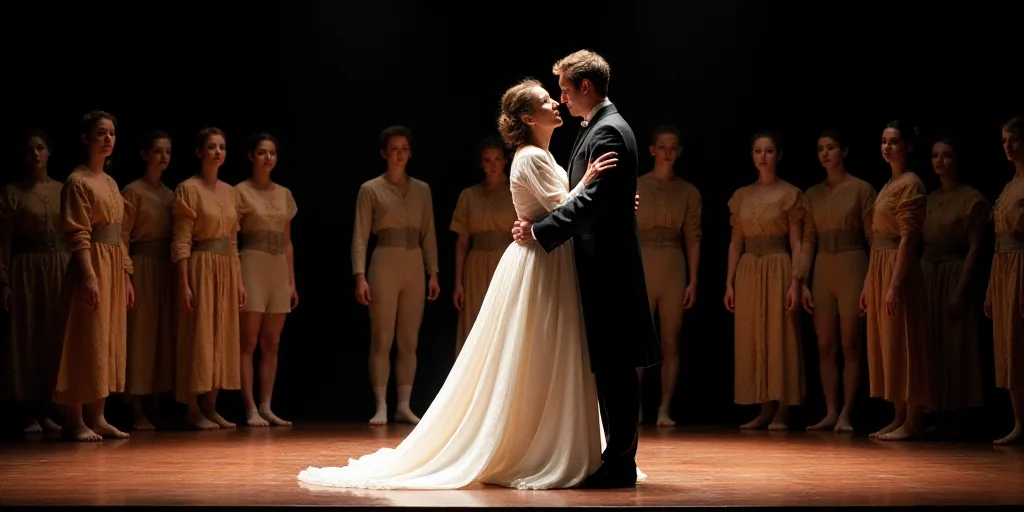 a group of people standing on a stage with a woman in a white dress and a man in a black suit, Cefer