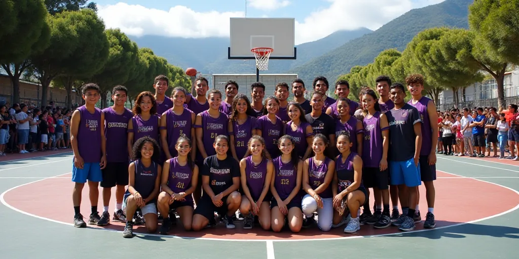 a group of people standing on a basketball court posing for a picture with a crowd of people behind