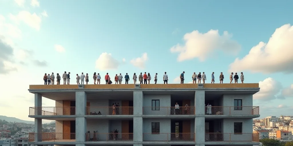 a group of people standing on top of a building under construction with a sky background and a few p