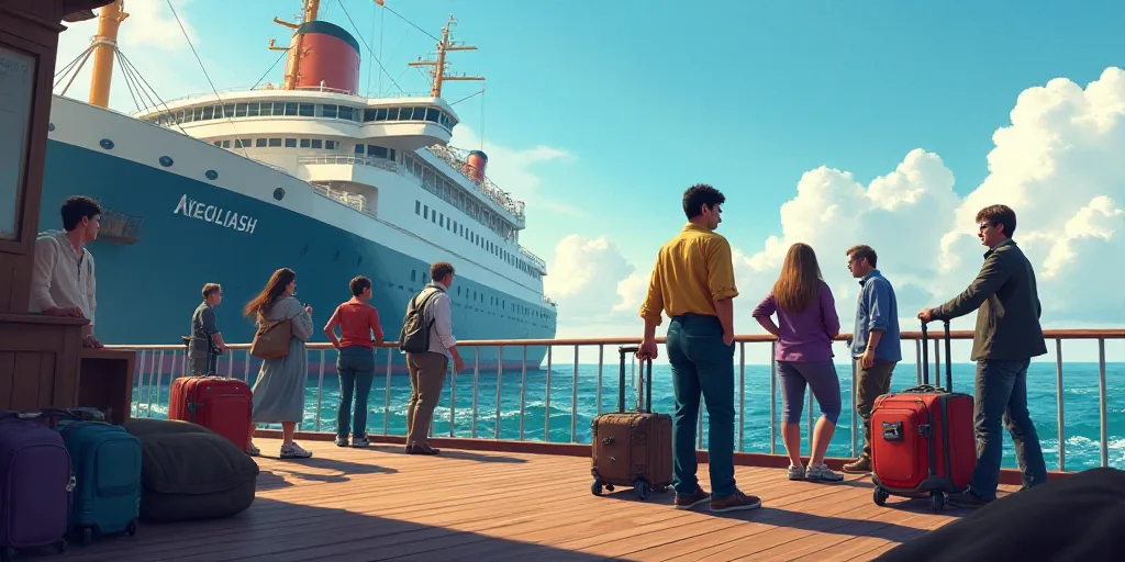 a group of people standing on a boat deck with luggage on the ground and a large ship in the backgro