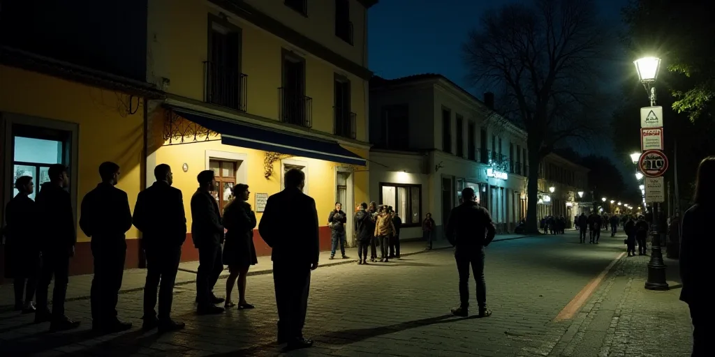 a group of people standing on a street at night with a building in the background and a sign on the