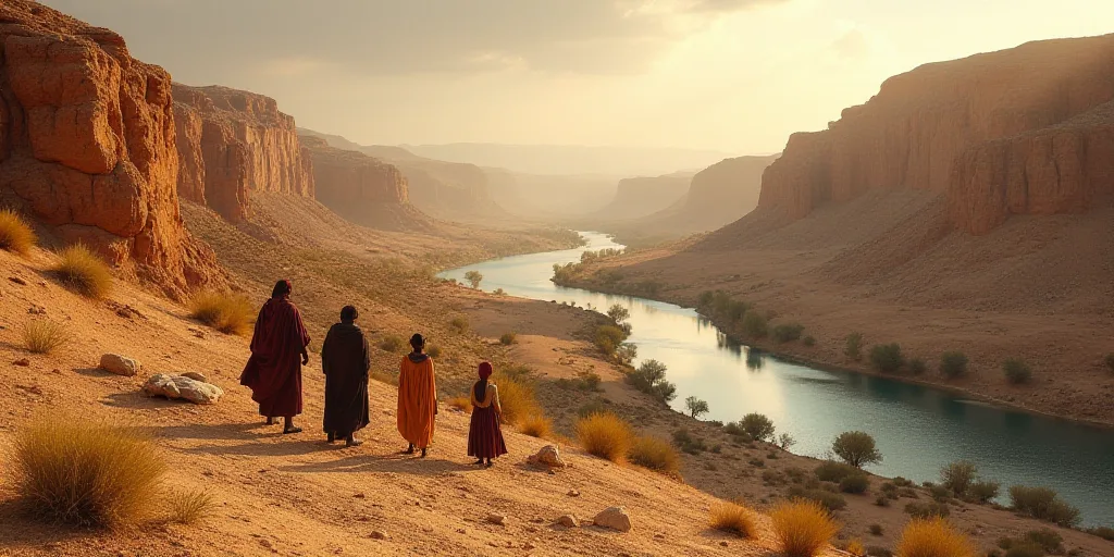 a group of people standing on top of a rocky hillside next to a river and a valley with a few trees,