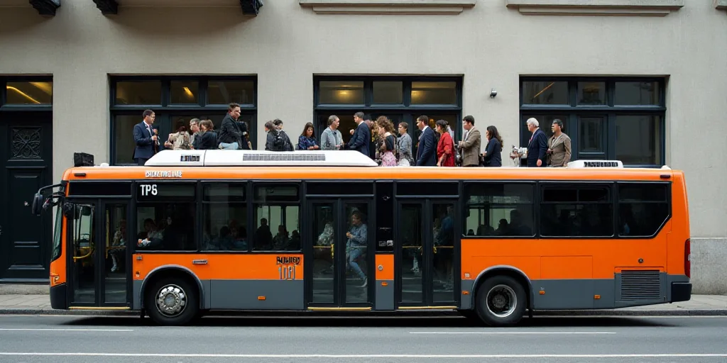 a group of people standing on a bus next to each other on a street corner in front of a building, Ar