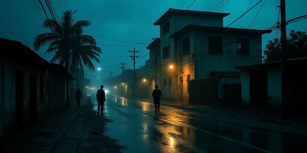 a group of people standing outside of a building in the rain at night time, with a flooded street, E