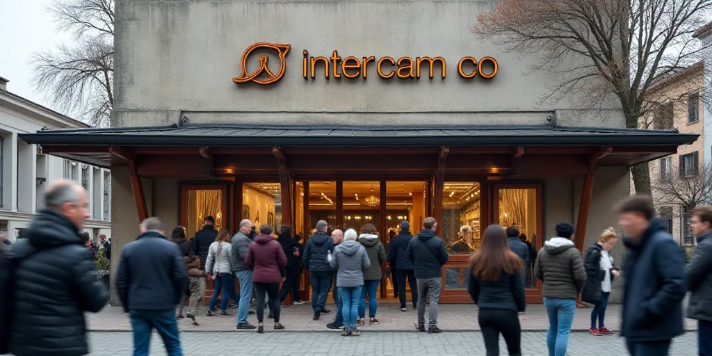 a group of people standing outside of a building with a sign in the background that says intercam co