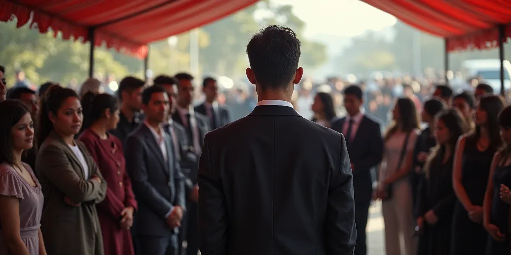 a group of people standing under a tent with a crowd of people behind them and a man in a suit, Carl