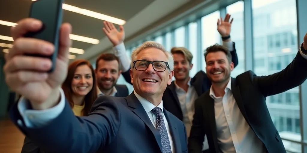 a group of people taking a picture together in an office building with their hands up in the air and