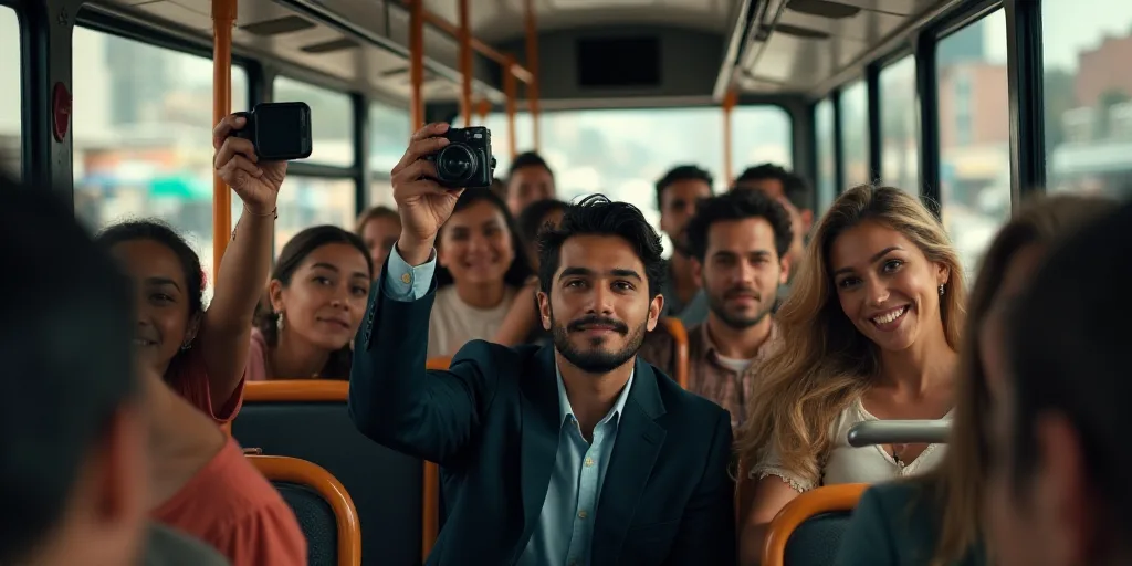 a group of people taking a picture on a bus with a camera and a phone in their hands,, Araceli Gilbe