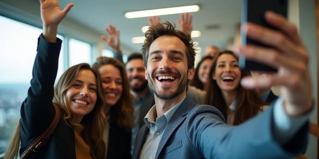 a group of people taking a picture together in an office building with their hands up in the air and