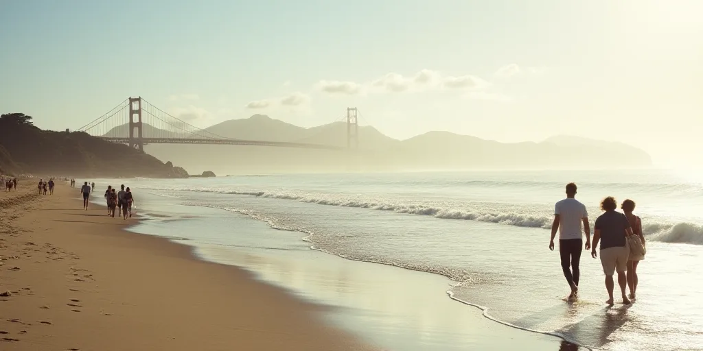 a group of people walking along a beach next to the ocean with a bridge in the background on a sunny