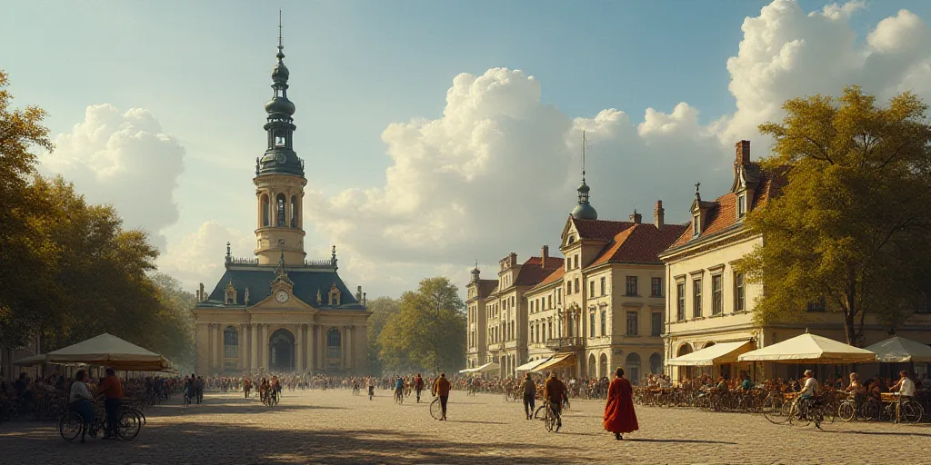 a group of people walking and riding bikes in front of a building with a clock tower on top of it, E