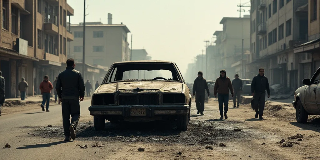 a group of people walking around a burnt out car in a city street with a building in the background,