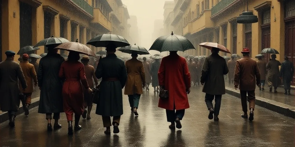 a group of people walking down a street in the rain with umbrellas on their heads and a man in a red