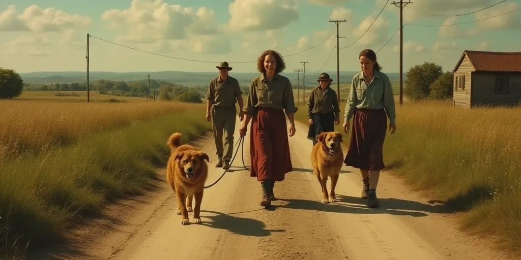 a group of people walking down a dirt road with a dog on a leash in front of them and a dog on the o