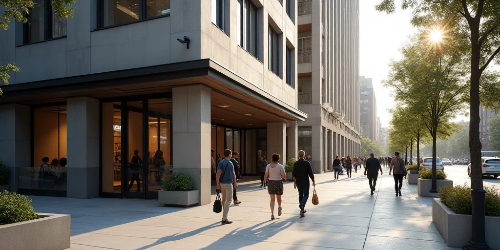 a group of people walking down a sidewalk next to a building with a sign that says melbourne square