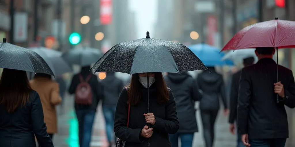 a group of people walking down a street holding umbrellas in the rain, with a person wearing a face