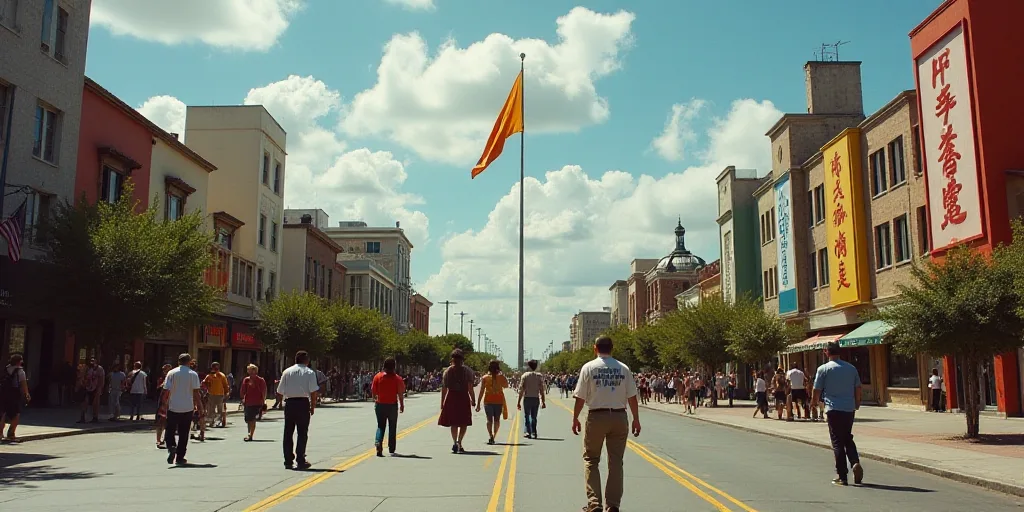 a group of people walking down a street next to tall buildings and a flag pole in the background wit