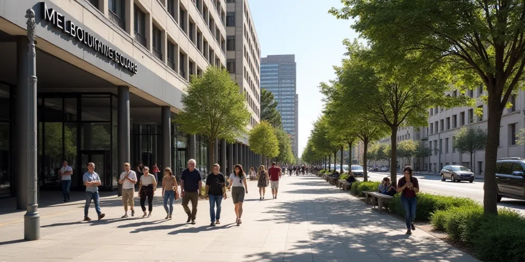 a group of people walking down a sidewalk next to a building with a sign that says melbourne square