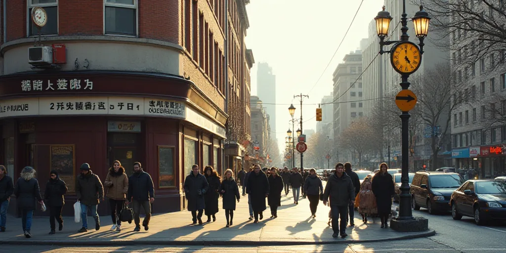 a group of people walking down a sidewalk next to a building with a clock on it's side, David Diao,