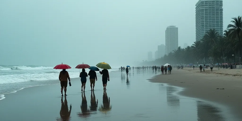 a group of people walking on a wet beach with umbrellas in the rain and a building in the background