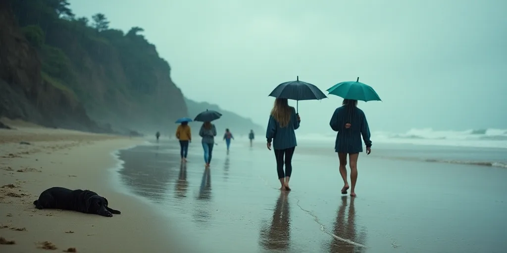 a group of people walking on a beach with umbrellas in the rain and a dog laying on the ground, Feli