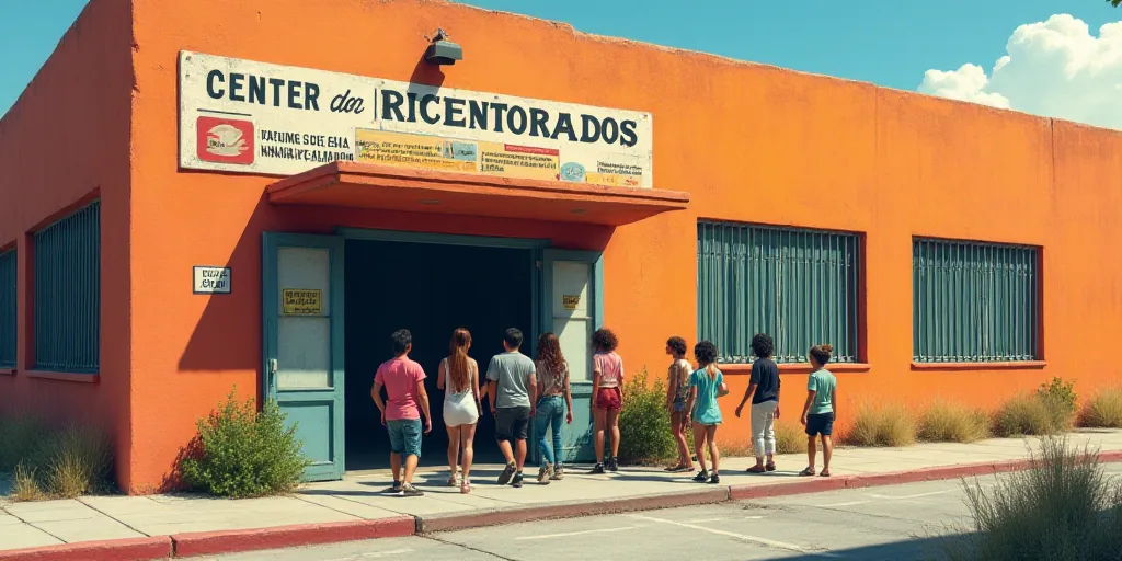 a group of people walking out of a building with a sign on it that says center of receptorados, Arac