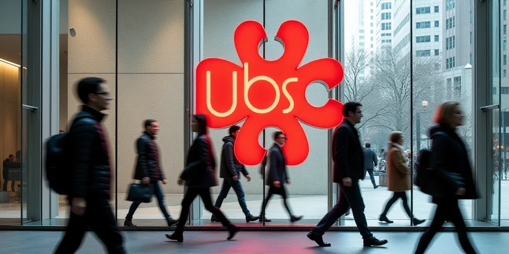 a group of people walking past a ubs sign on a building's glass wall with a red ubs logo, Alberto Su