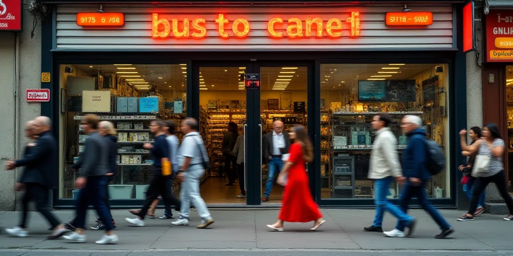 a group of people walking past a sign for a store that sells computer equipment and electronics, and