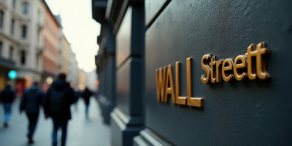 a group of people walking past a wall street sign on a building with a gold lettering on it's side,