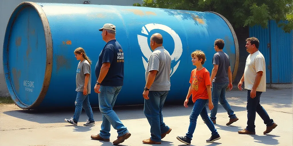 a group of people walking past a blue barrel with a white logo on it and a blue and white sign, Dahl
