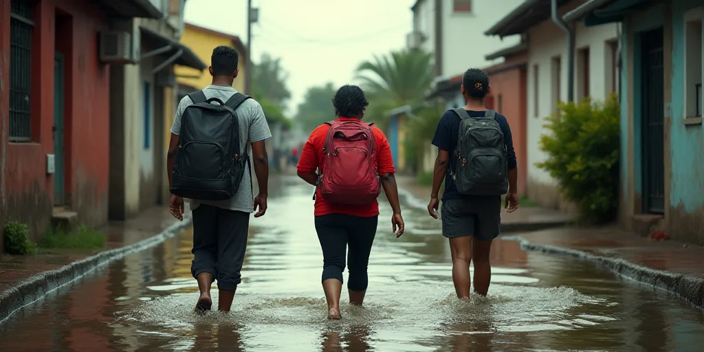 a group of people walking through a flooded street with luggage on their backs and a man in a red sh