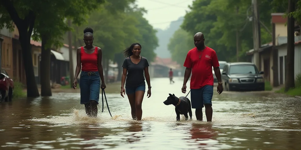 a group of people walking through a flooded street with a dog in the water and a man in a red shirt,