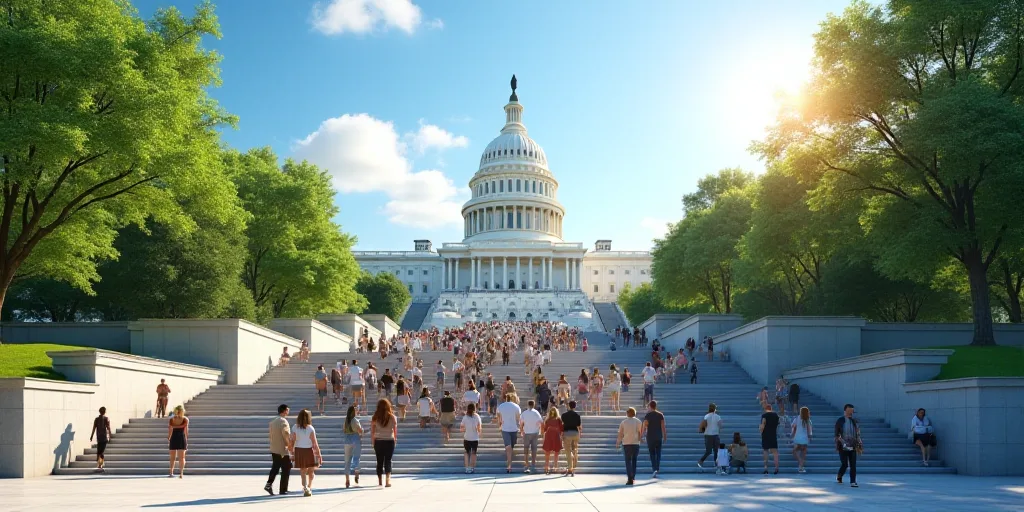 a group of people walking up steps to the capitol building in washington, dc, usa, on a sunny day, A