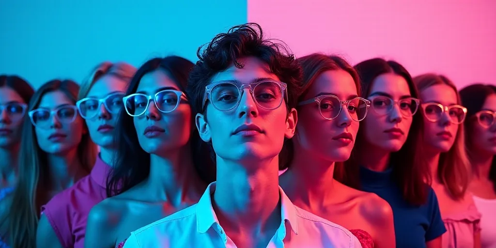a group of people with glasses on their faces in a multicolored photo with a blue background and a p