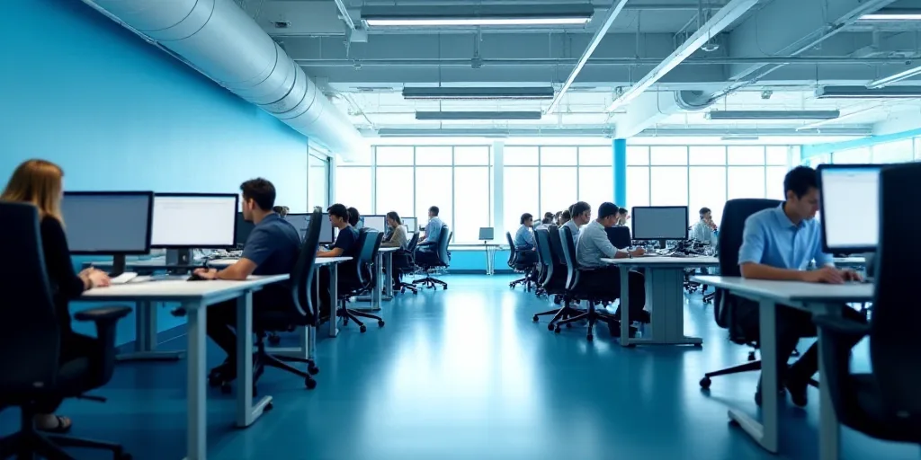a group of people working at desks in an office building with blue and white walls and flooring, Eng