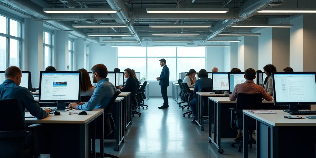 a group of people working at desks in an office setting with computers and people walking around the