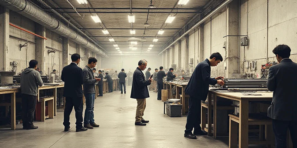a group of people working on a project in a factory with workers in the background working on the pr