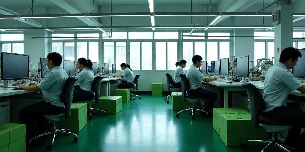 a group of people working on computers in a factory with boxes of green items on the floor and on th