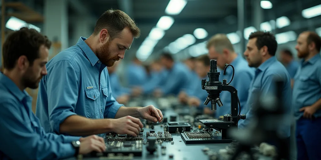 a group of people working on electronics in a factory or assembly line, with one man holding a devic