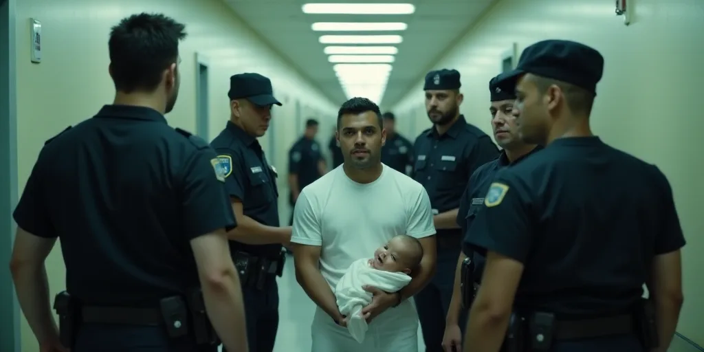 a group of police officers are surrounding a baby in a hospital hallway with a man in a white shirt,