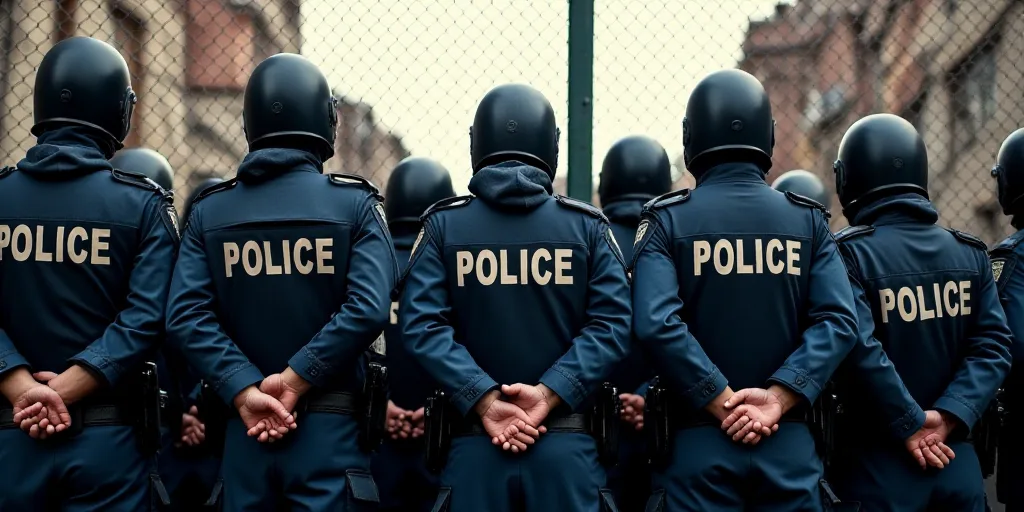 a group of police officers in riot gear standing behind a chain fence with their arms wrapped around