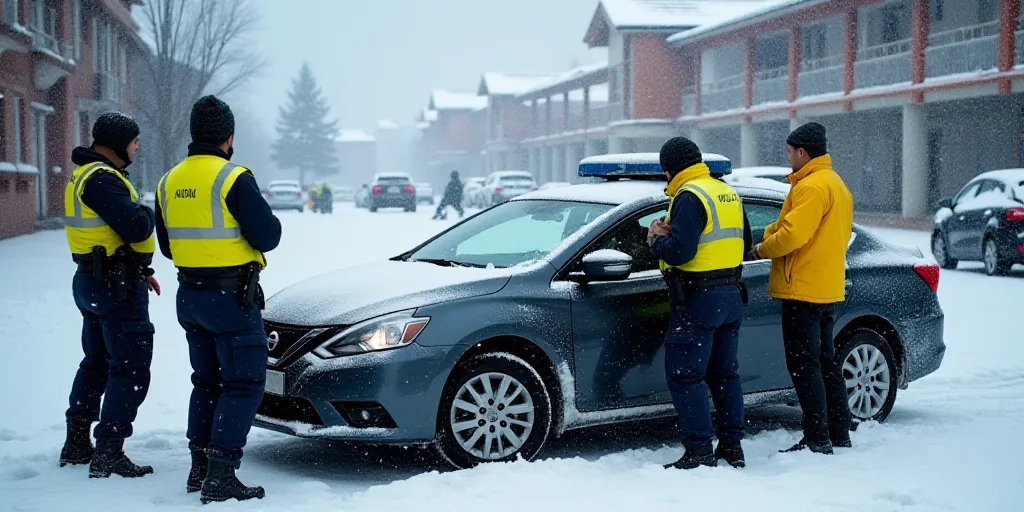 a group of police officers standing next to a car in the snow with a man in a yellow jacket, Aquirax