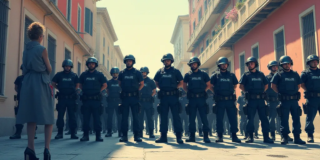 a group of police officers standing in a line on a street with a building in the background and a pe